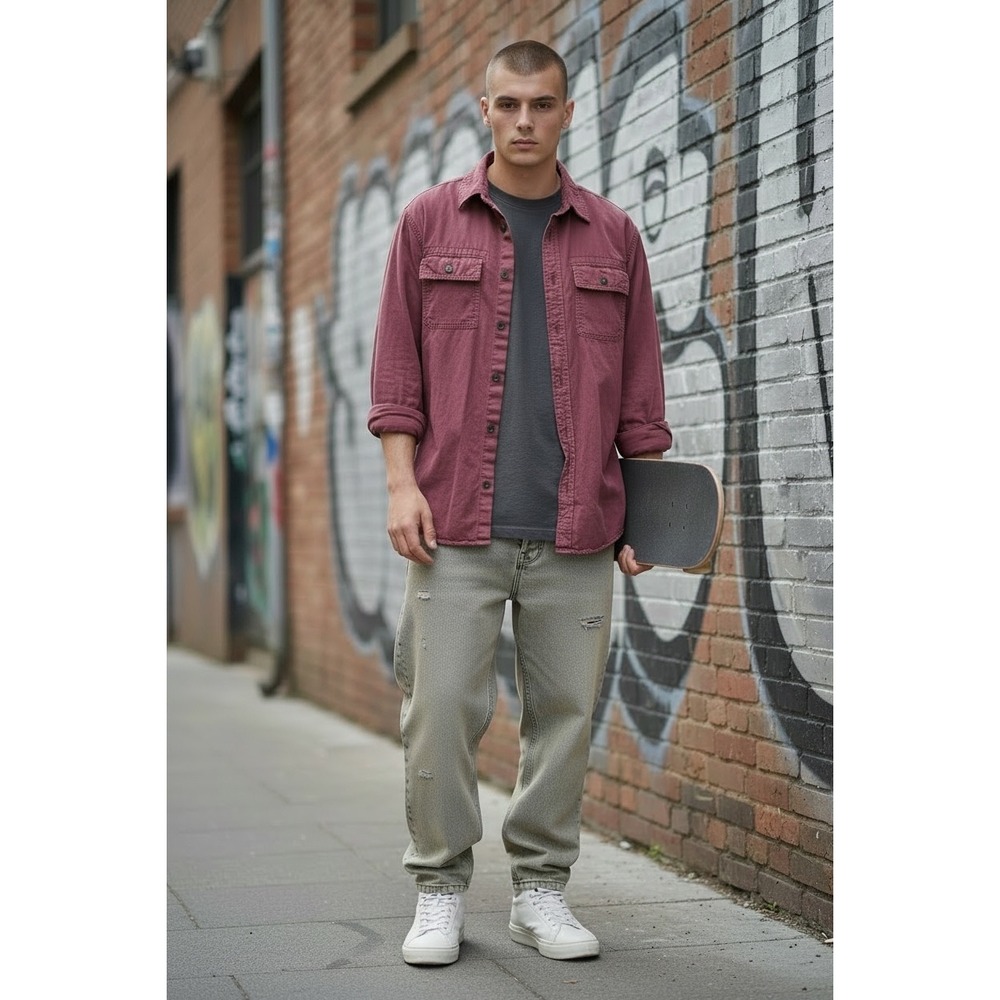 Converse One Star Mens Maroon Streetwear Button‎ Down 100% Cotton Shirt Medium